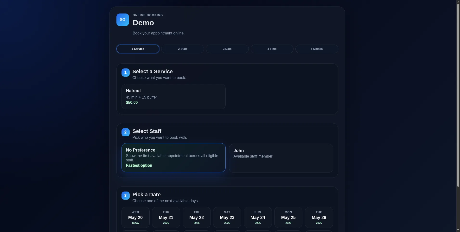 SafeGuard Bookings customer booking page